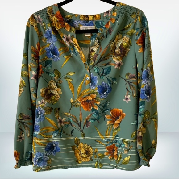 Christopher & Banks Tops - Christopher & Banks Teal Long Sleeve Floral Blouse, size P/M